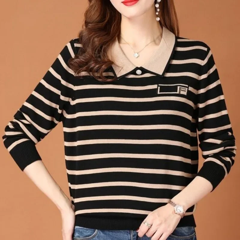 Commute Women's Clothing Casual Peter Pan Collar Striped Tops Spring Autumn Female Fashion All-match Long Sleeve Knitted T-shirt