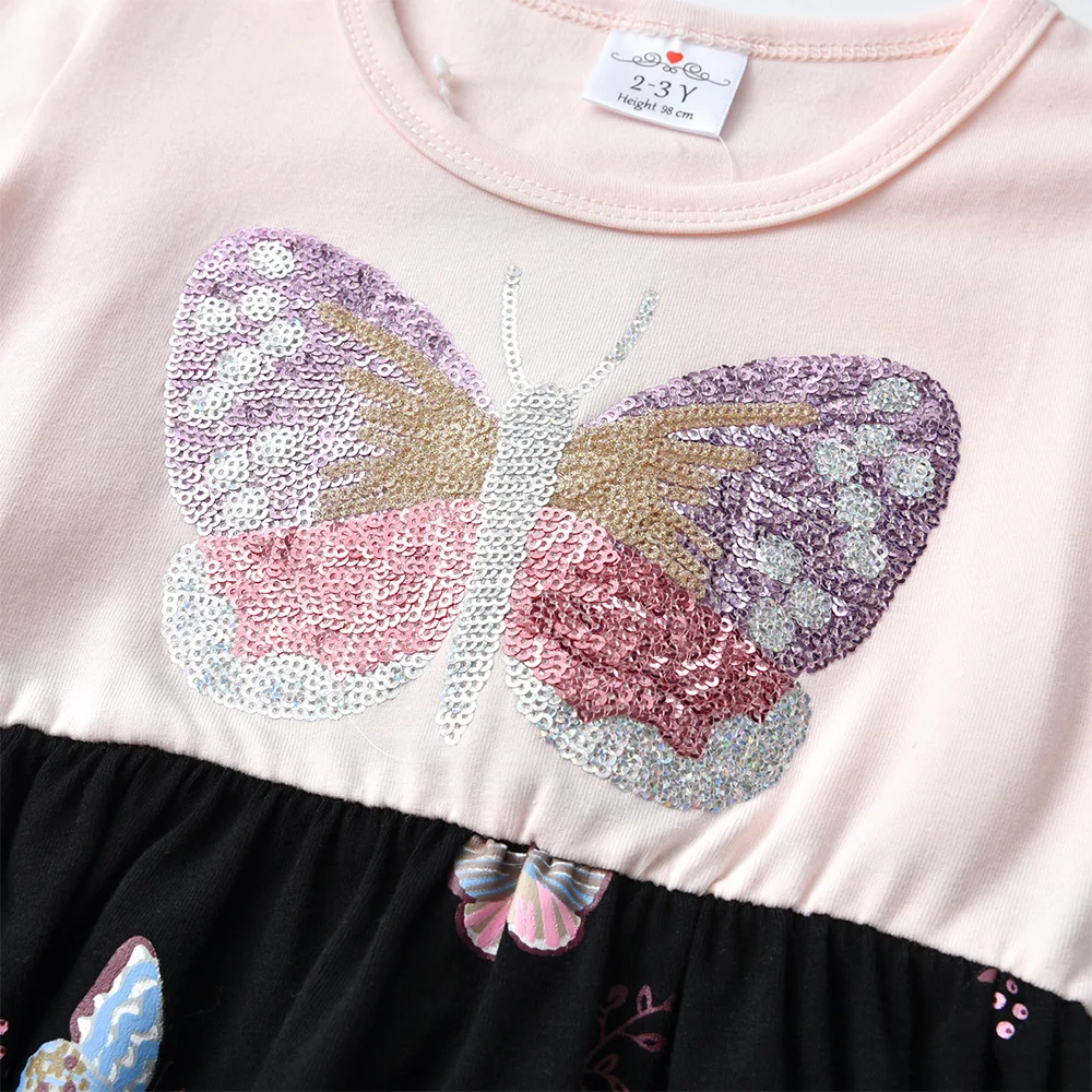 VIKITA Mädchen Langarm Herbst Frühling Kleid Kinder Schmetterling Pailletten Applizierte Glitzernde Bunte Stilvolle Baumwolle Freizeitkleider – Detail 4