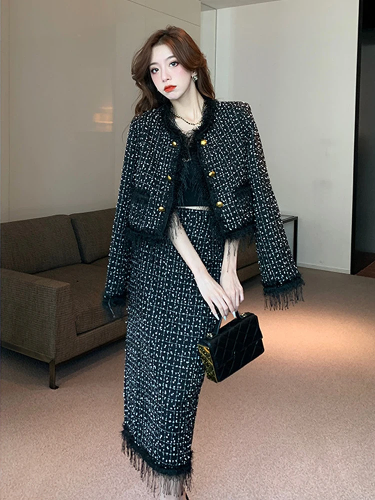 

Fashion Ladies Plaid 2 Pieces Outfits Women Elegant Short Coat Tops Jacket Outwear And High Waist Long Skirt Set Street Clothes