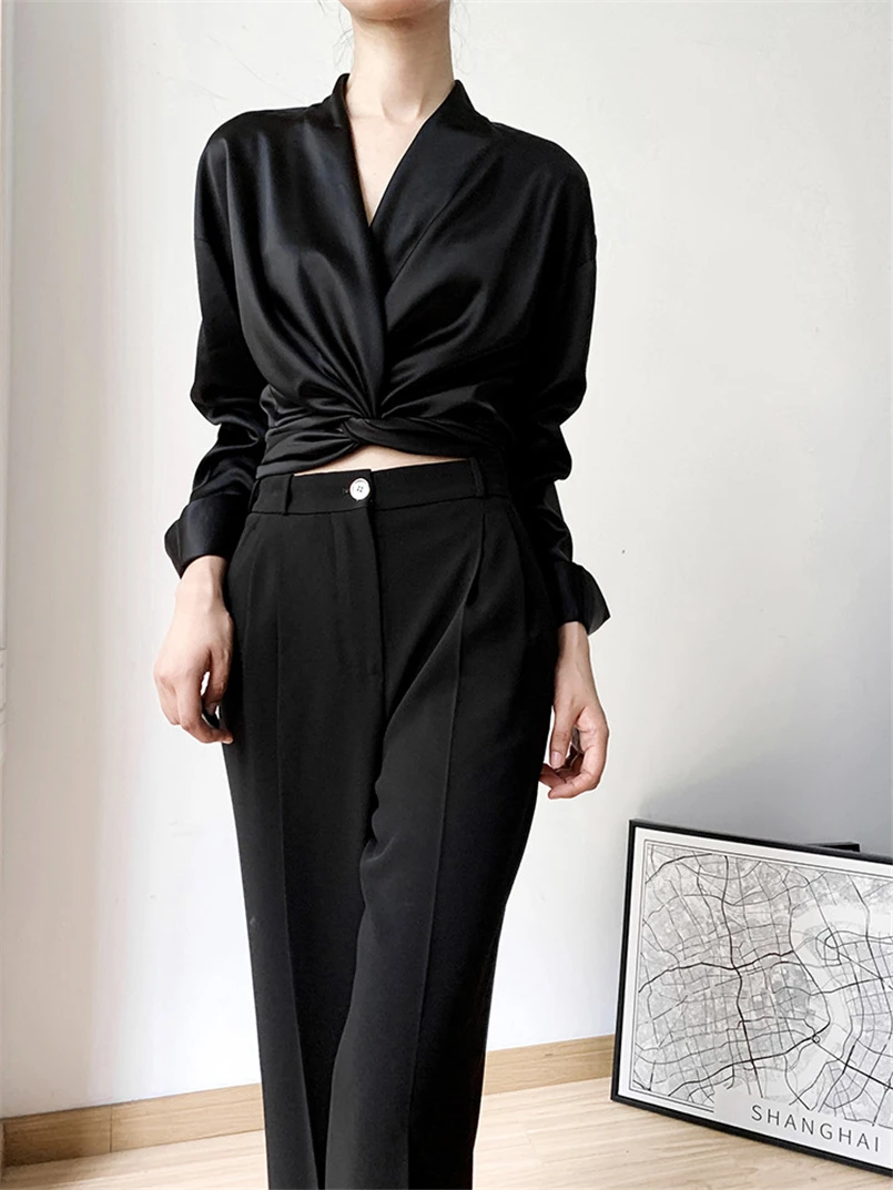 Cetim manga longa blusa elegante cruz torção novo design camisa feminina outono 2026 feminino elegante senhoras topos blusas de alta qualidade