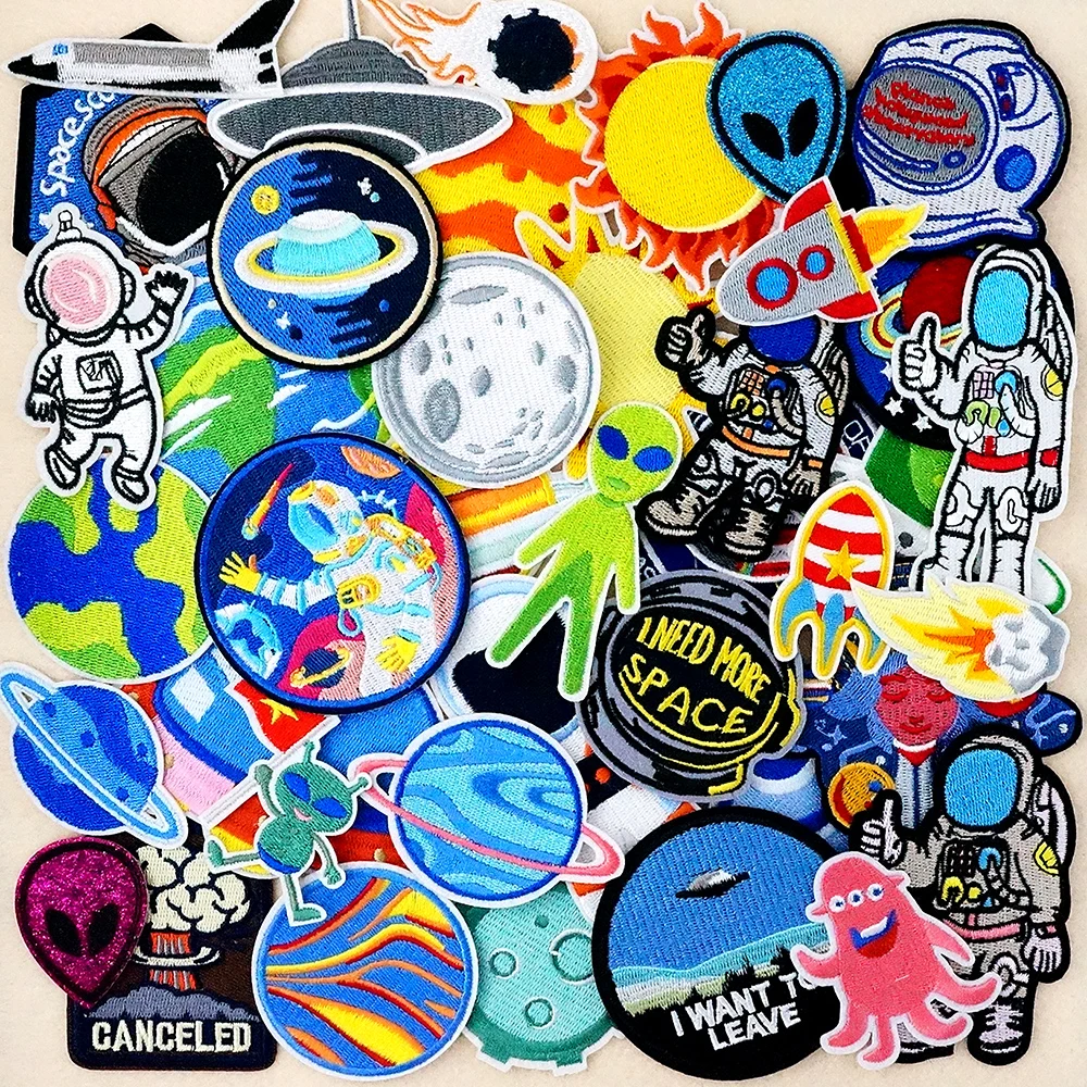 Space Planet Satellite Astronaut Iron on Patches for Clothes Embroidery Patch Decorate Repair Material Stickers Sewn or Ironed