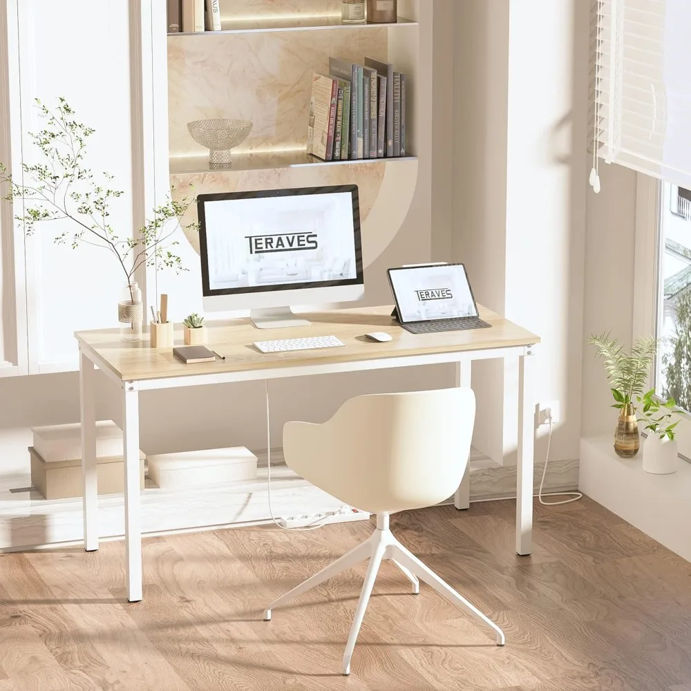 Sturdy Home Office Writing Desk Dining Table Workstation - 39.37 Beige and White Frame, Ideal for Office and Dining Use