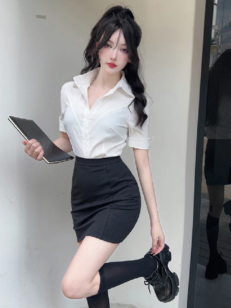 Sexy Shirt And Skirt Set Short Sleeve Turn-down Collar Slimming Workwear for Nightclub French Style Button-up Two-piece Suit