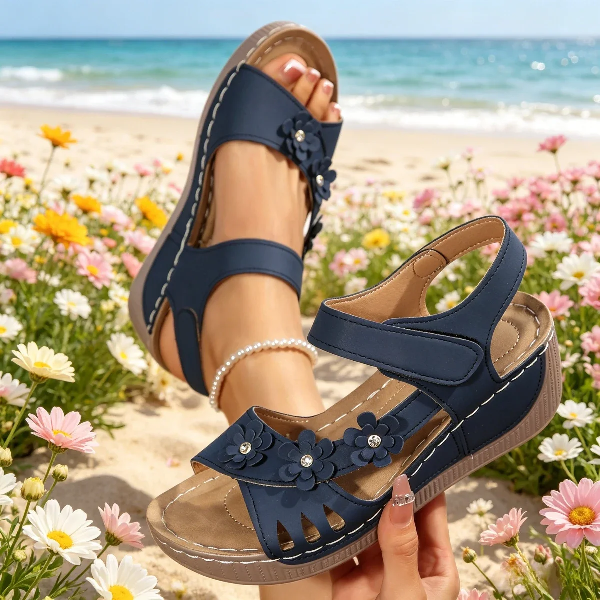 Damen-Keilsandalen mit Blumenmuster, Sommer-Plateausandalen, klobiger Absatz, offene Zehenpartie, Strandschuhe, lässige Outdoor-Sandalen, Strandschuhe – Detail 10