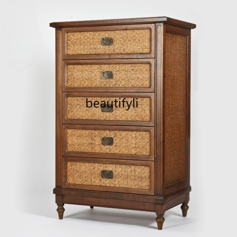 

Rattan Chest of Drawers Mid-Ancient Side Cabinet Solid Wood Five-Bucket Cabinet Living Room Wall Cabinet Locker