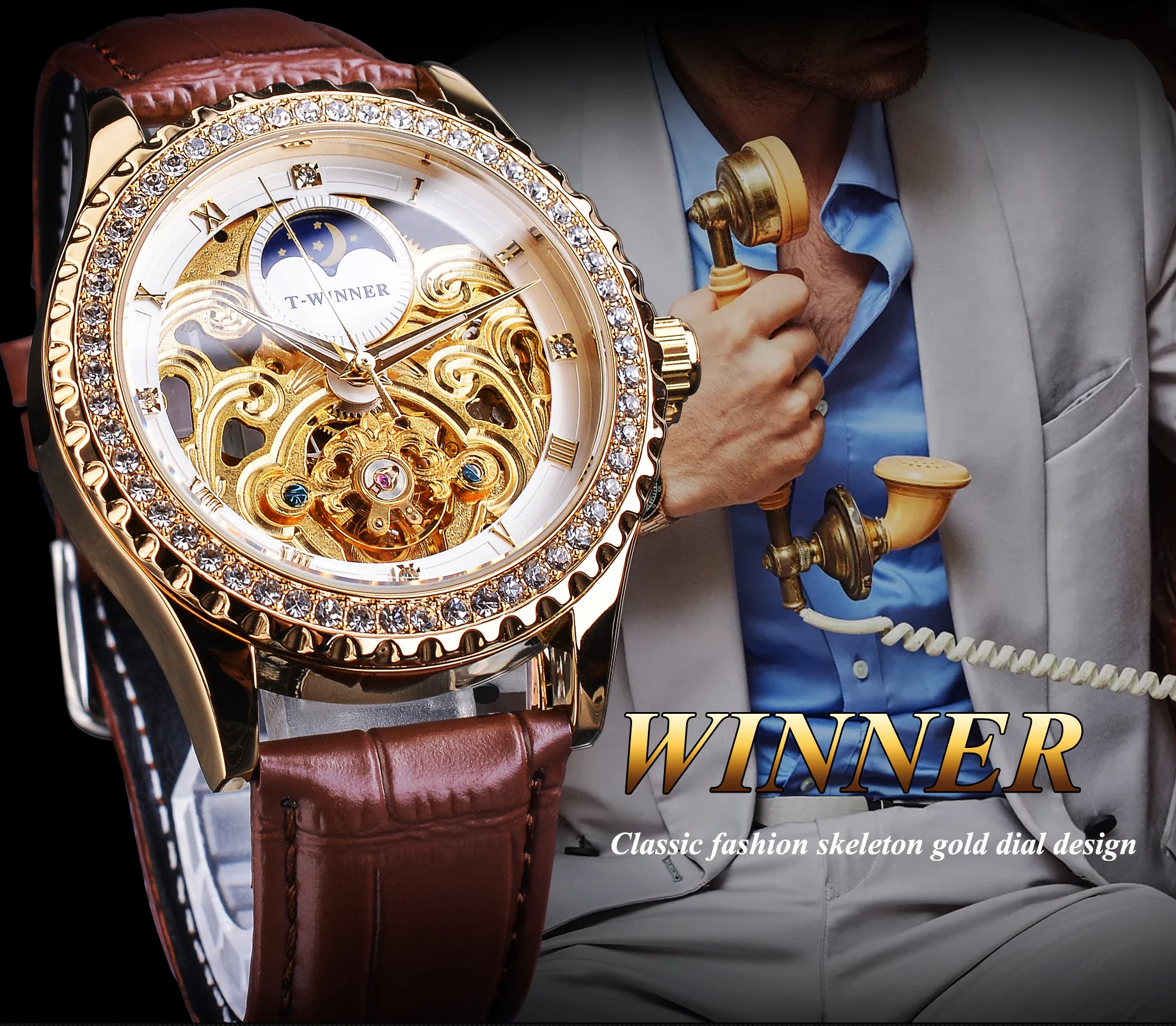 2023 Winner Brand Golden Moon Phase Design Luxury Retro Style Diamond Genuine Leather Skeleton Tourbillon Men Automatic Watches