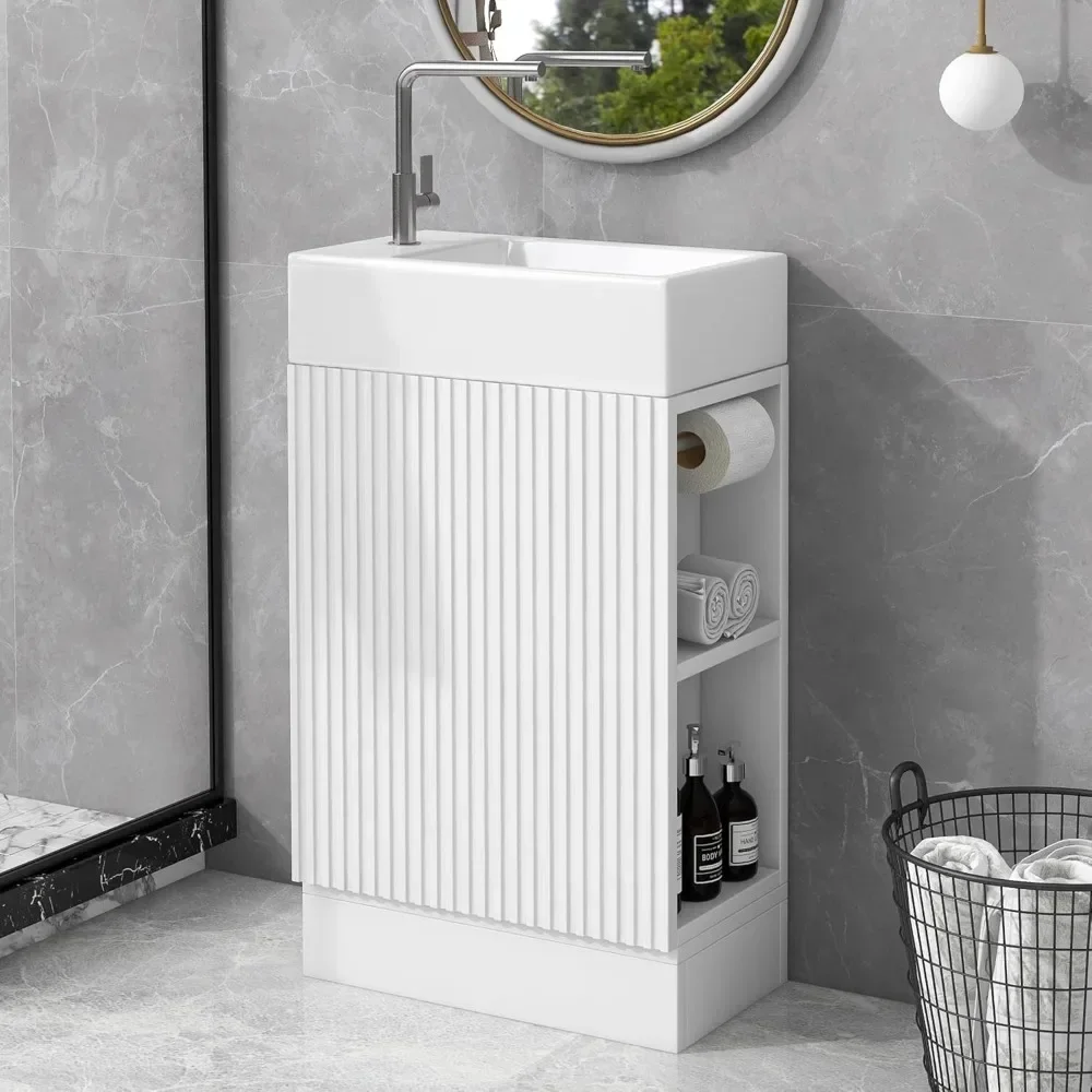 

18.6" Small Bathroom Vanity with Sink, Freestanding Single Vanity with Toilet Paper Holder & Soft-Close Door, Left or Right Stor