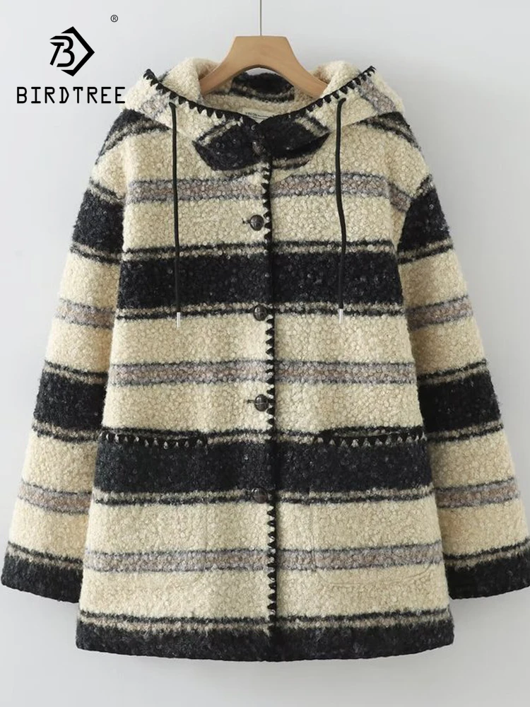 

New 2025 Winter Long Sleeve Hooded Thick Overcoat, Women Striped Buttons Patchwork, Mori Girl Retro Warm Loose Coat C5D457CC