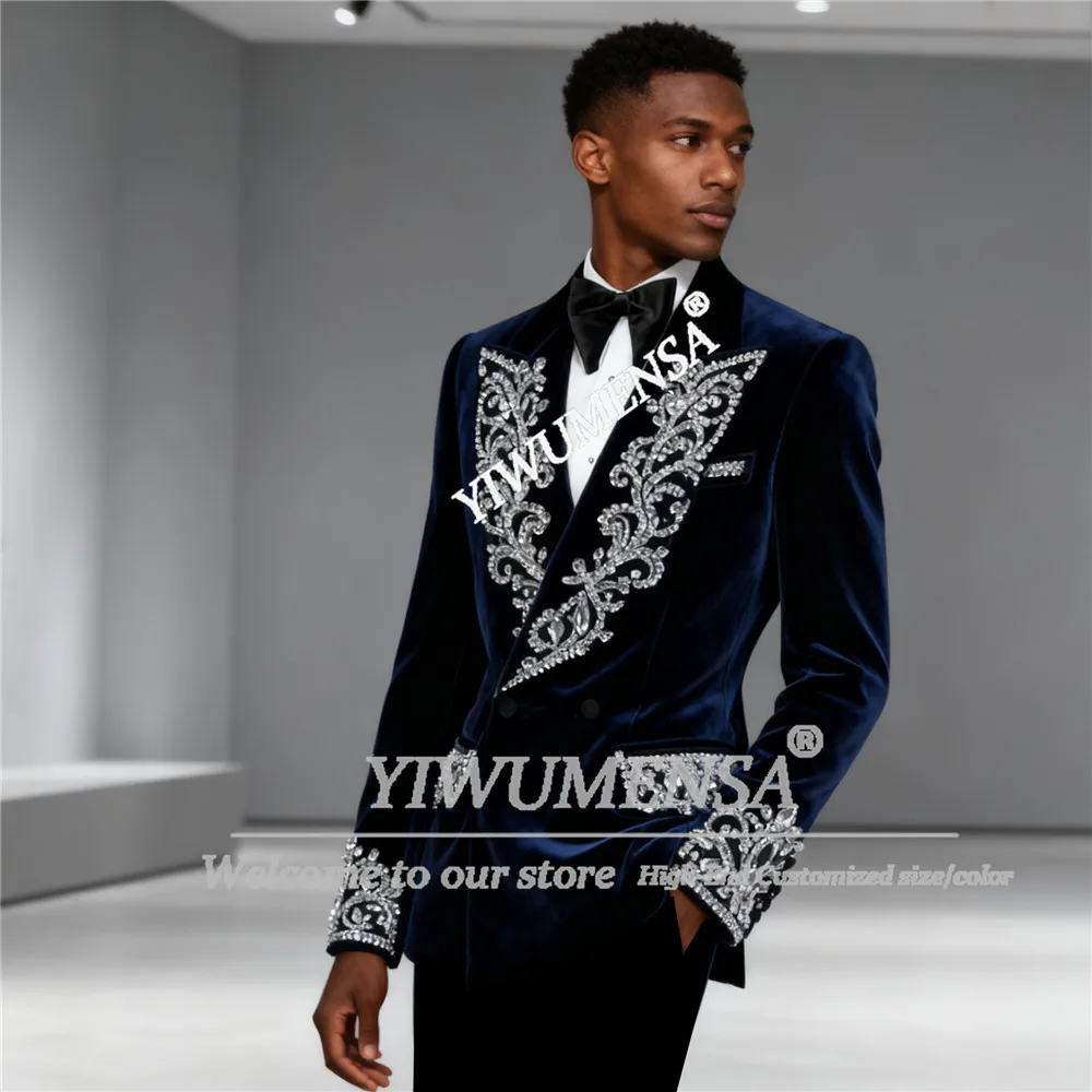 

Male Fashion Beaded Stones Tuxedos Suit Men For Wedding Double Breasted Velvet Groom Blazers Outfits 2 Pieces trajes para hombre