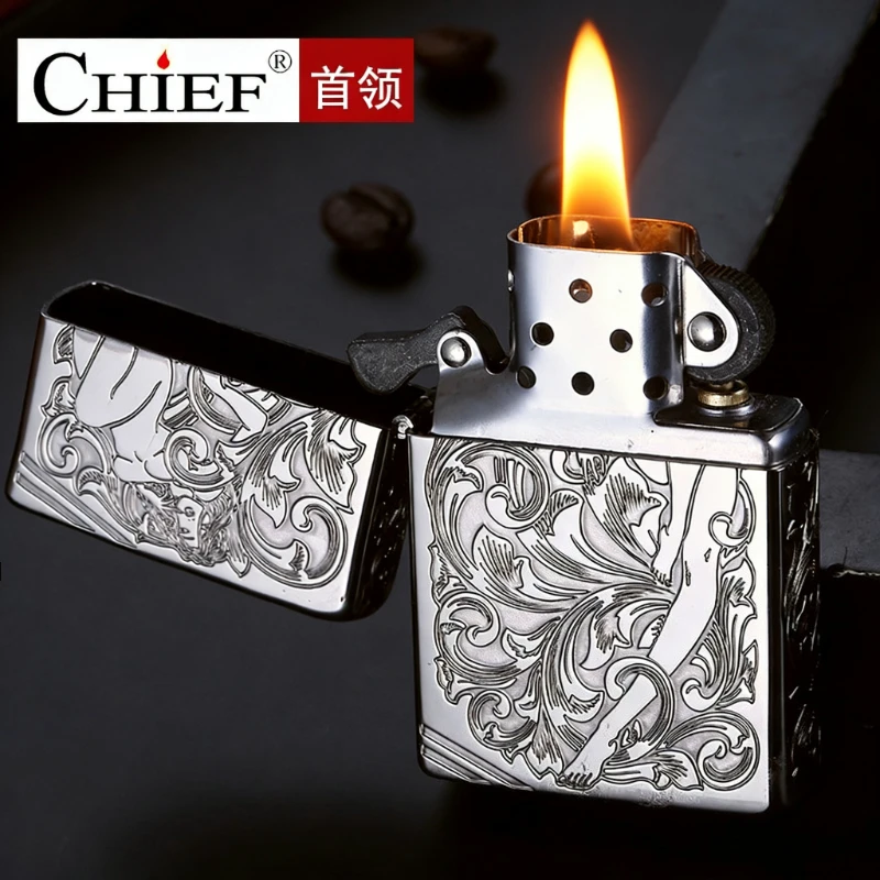 CHIEF Ultra-thin Kerosine Lighter, High-looking Pure Copper Carved Fairy Windproof Retro Lighter