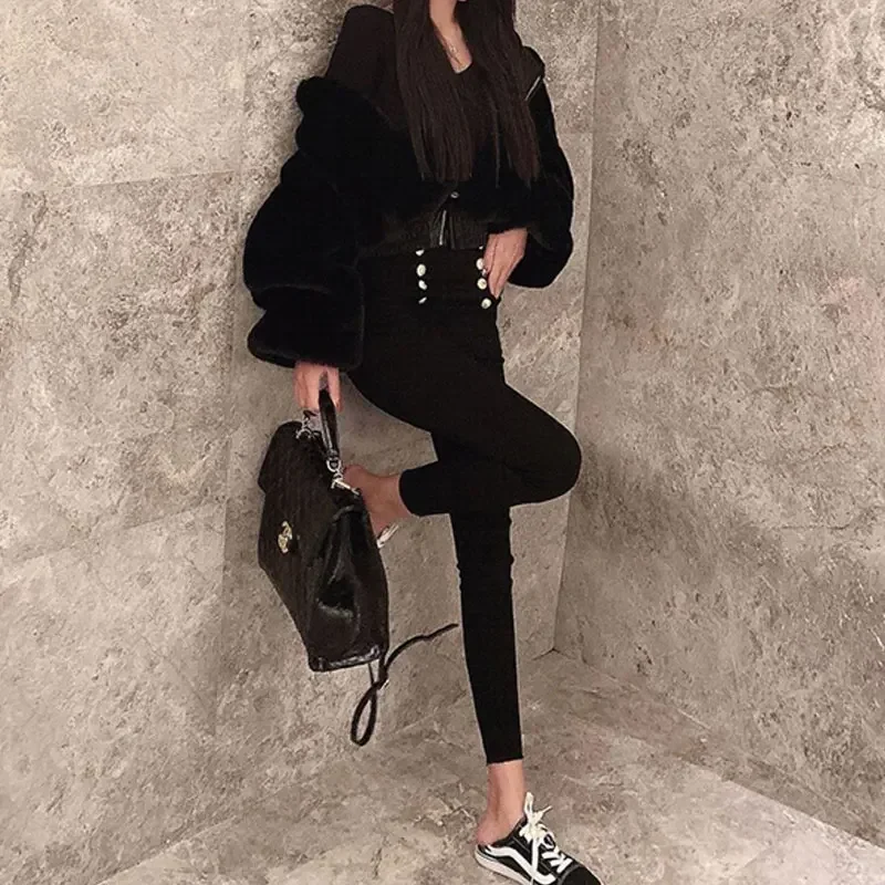 Fashion Black Fur Coat Short Overcoat Harajuku Hooded Tops Zip Up High Waist Women Coats Punk High Streetwear Faux Fur Parkas