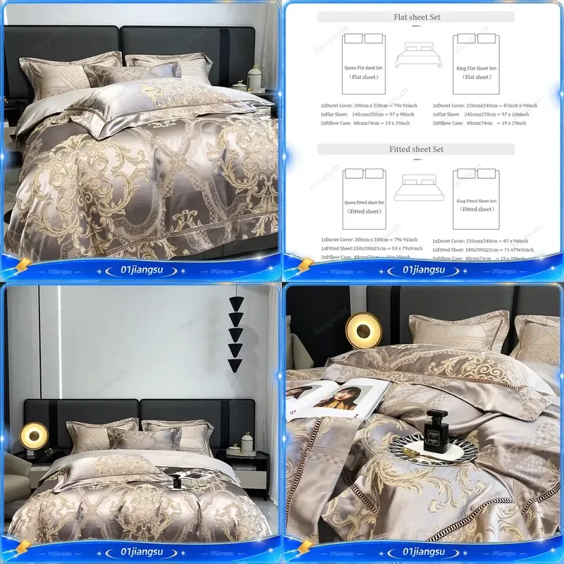 Silver Gray Satin Silky Brocade Jacquard Egyptian Cotton Luxury European Bedding Set Duvet Cover Flat Fitted Sheet