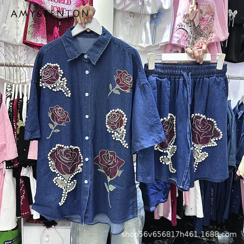 

Special Design Rose Rhinestone Denim Short Sleeves Single-breasted Shirt Top + Elastic Waist Wide Leg Shorts Two Piece Set Women