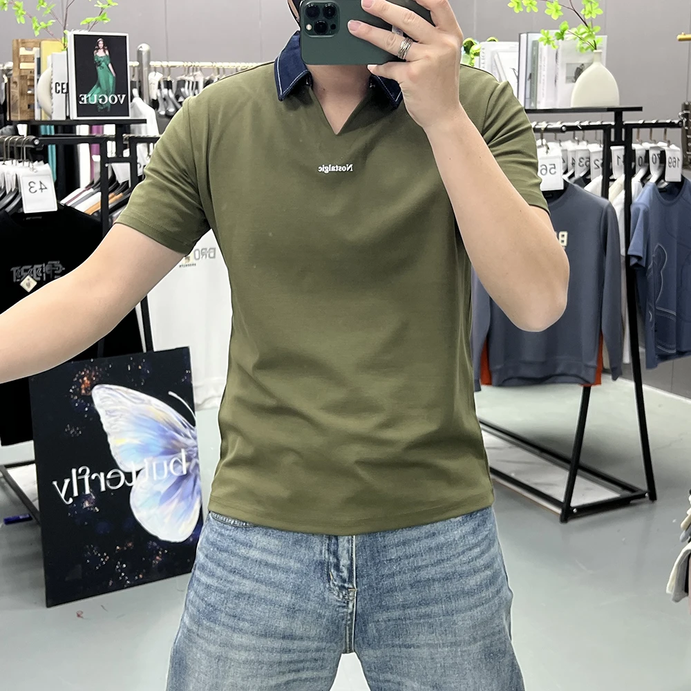 

Men's V Neck Polo T-shirt Denim collar Trendy Style Summer New Arrival Simple Casual Short Sleeve Lapel Tees Male Daily Clothing