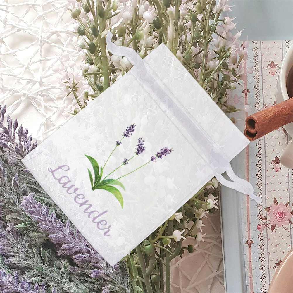 50 Uds. Bolsita de lavanda, bolsas vacías con cordón, armario de almacenamiento de malla, flores secas, especias, fragancia, tela reutilizable púrpura claro