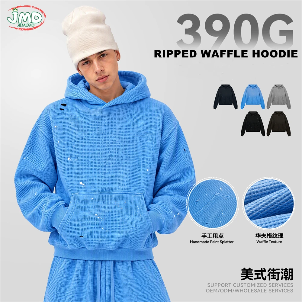 JMD Retro Autumn Men 390gsm Painting Waffle Hoodies Unisex Casual Distressed Boxyfit Solid Hooded Pullovers Coat QH0181