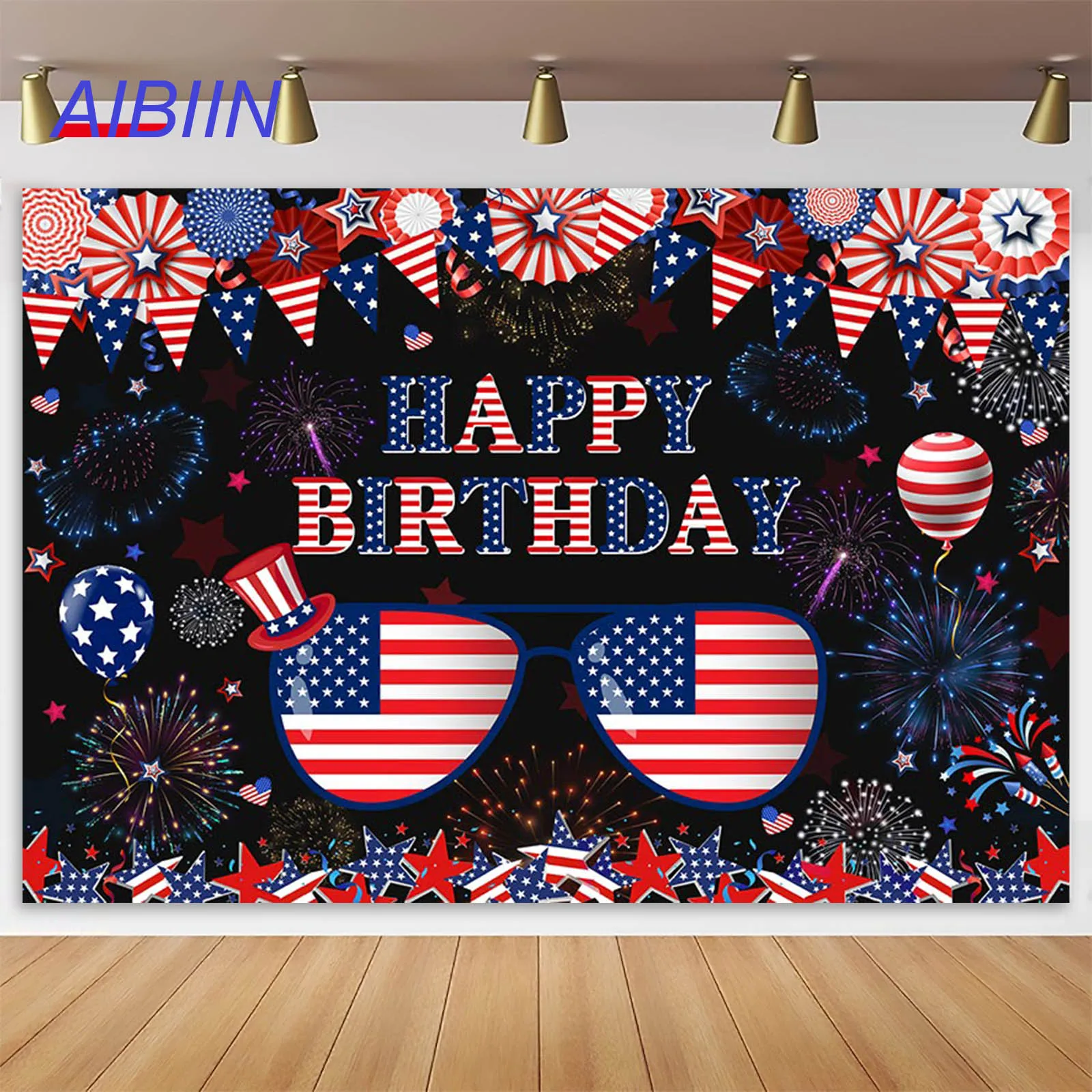 AIBIIN Red White Blue Birthday Party Backdrops Independence Day American Flag Theme Adult Kids Cake Table Party Decor Background