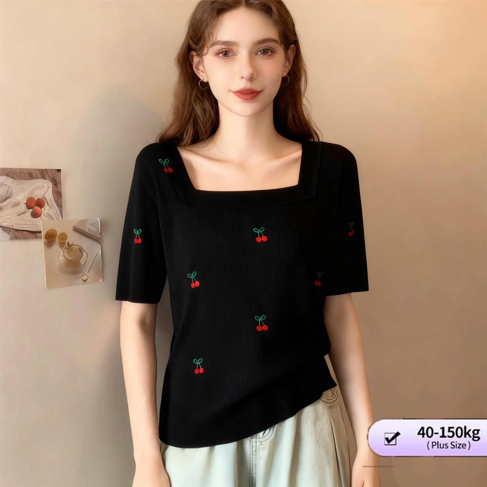 【تي شيرت كبير الحجم】(40-150 كجم) طباعة الكرز رقبة مربعة وأكمام قصيرة فضفاضة نحيفة للنساء تي شيرت مقاس كبير تي شيرت ملابس غير رسمية