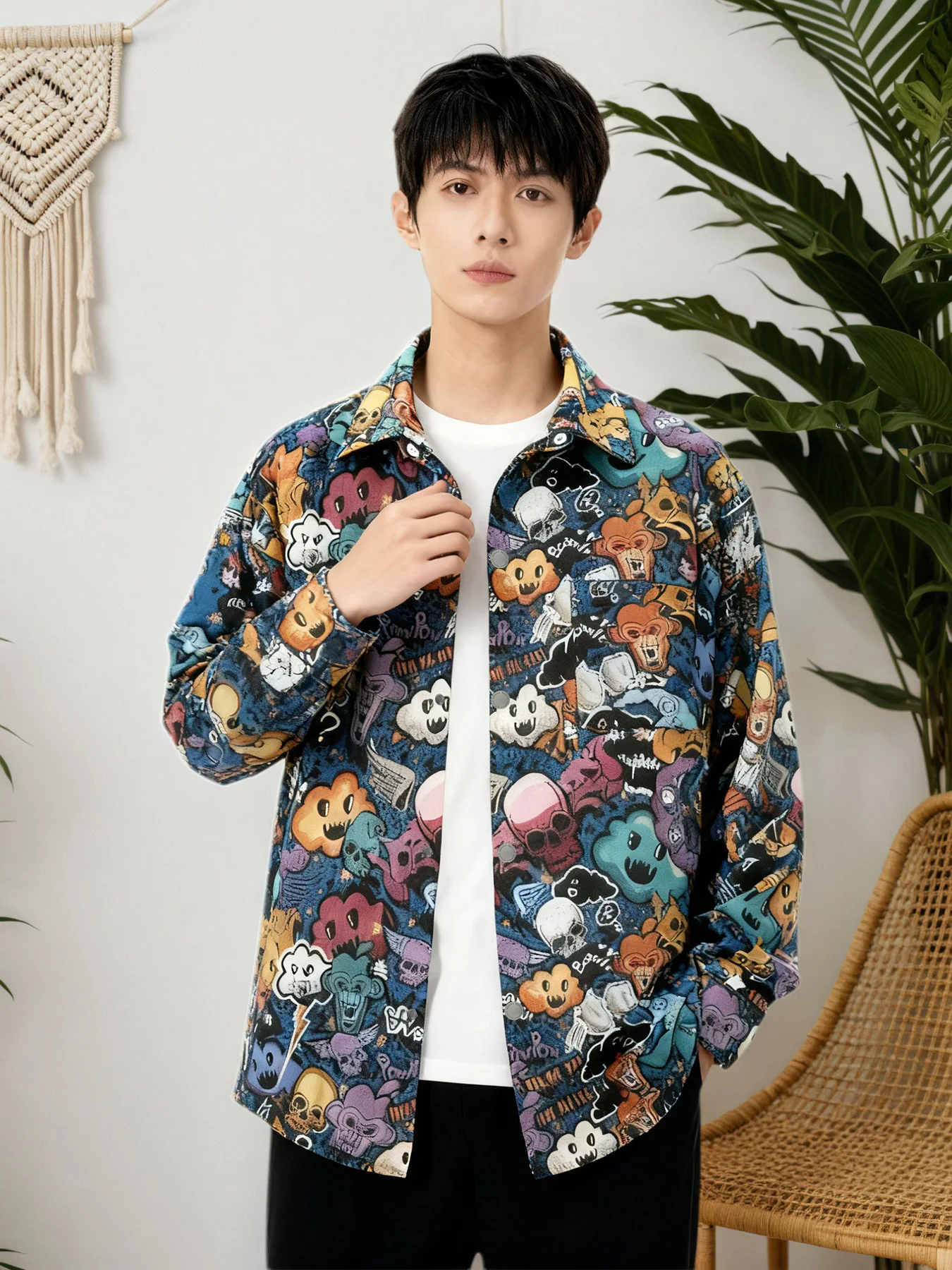 

Men's Trendy Casual Jacquard Work Jacket for Spring and Autumn, American-Style Design with Retro Fun Cartoon Anime Prints