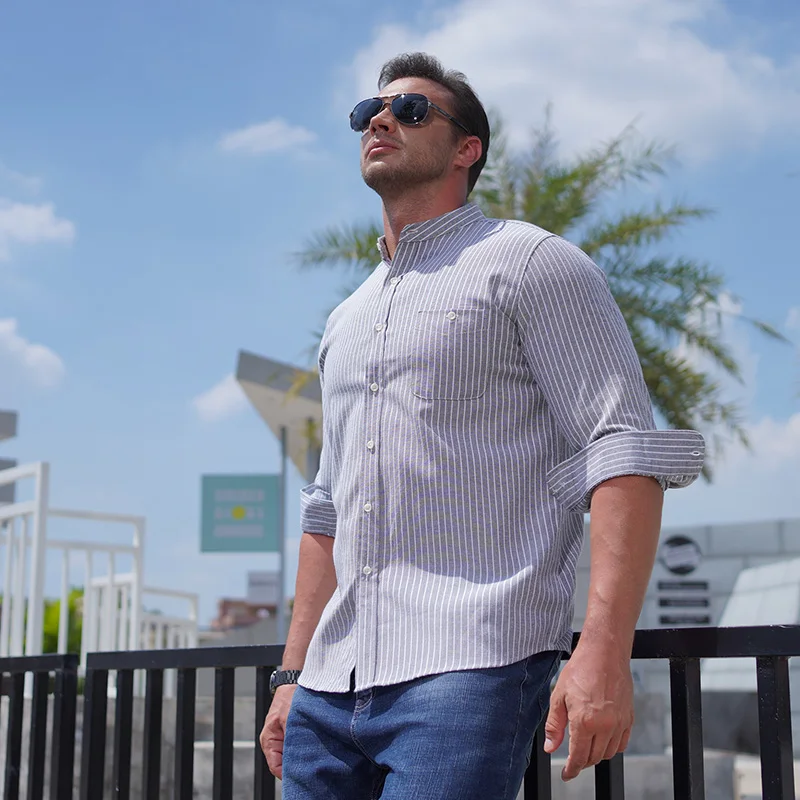 2024 large size autumn and winter personality standing collar long-sleeve striped shirt casual loose plus loose shirt