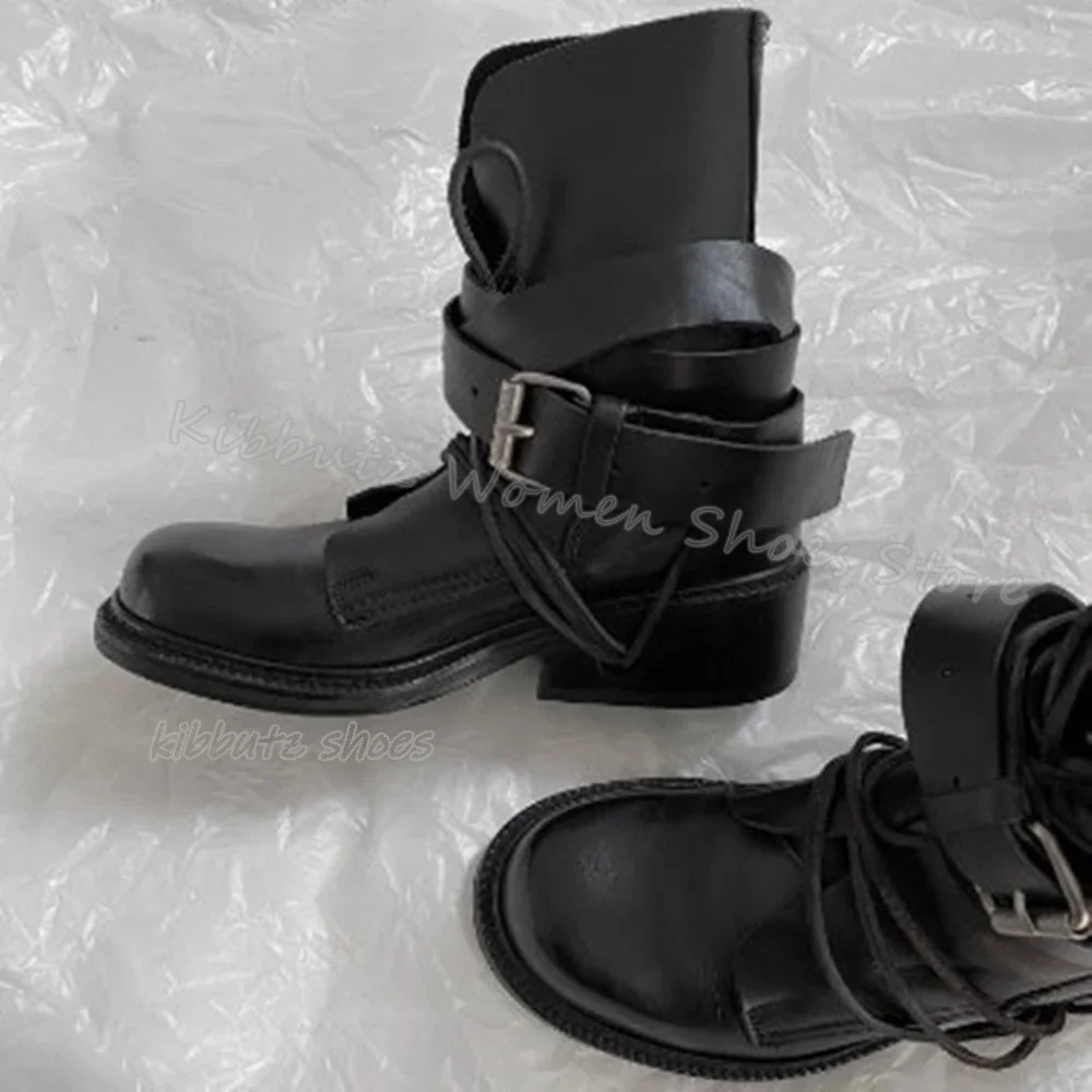 Belt Buckle Ankle Boots Luxury Leather Elegant Concise Fashion Luxury Solid Color Party Women Shoes New Round Toe Chunky Heels
