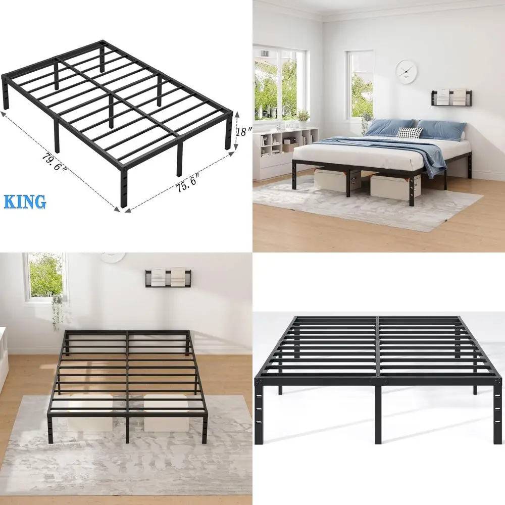 

18-дюймовая черная металлическая кровать размера King Size с местом для хранения и усиленной опорой, простая сборка, не требуется пружинный блок.