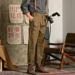 Japanese Casual Overalls Men's Youth Elastic Suspenders Khaki Jumpsuit Loose Straight Trousers Vintage Gentleman Leisure Pants