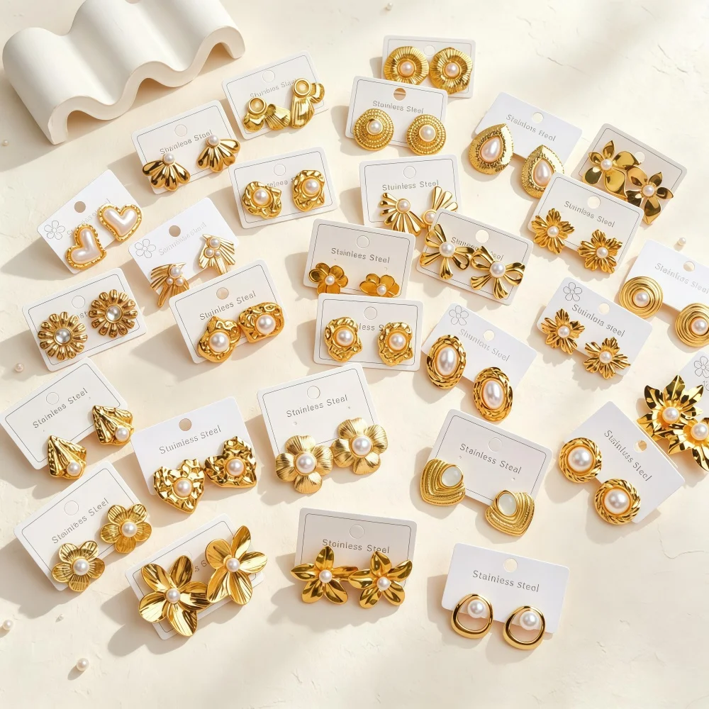 10/20Pairs/Lot Classic Vintage Elegant Women's Imitation Pearl Floral Stainless Steel Stud Earrings Mix Style Jewelry Party Gift