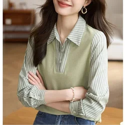 Women's Pullover Patchwork Stripe Fake Two Piece Shirt Set Spring and Autumn Women's Fashion Polo Neck Long Sleeve Casual Tops