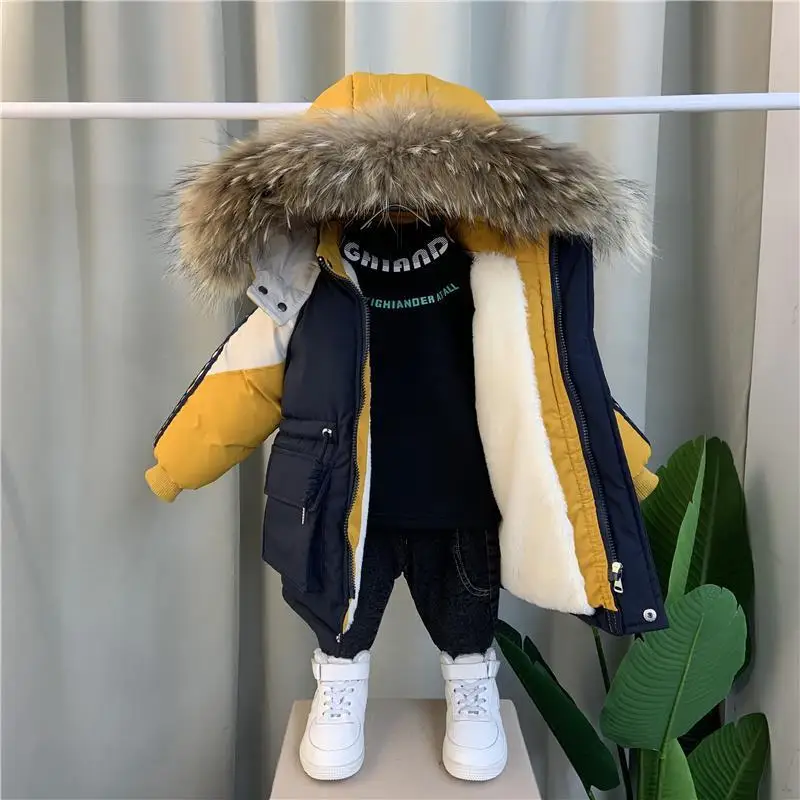 Winter Boys Warmth Fleece Lined Drawstring Detachable Fur Hood Snow Jackets Child Therme Parka Kids Outfit Top Coats 1-11 Years