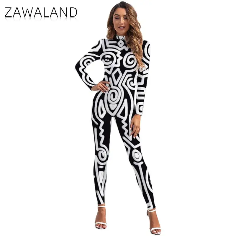 Zawaland Bodysuit For Women Cosplay Fashion Line Printing Costumes Jumpsuit Carnival Costume Rompers Zentai Female Halloween