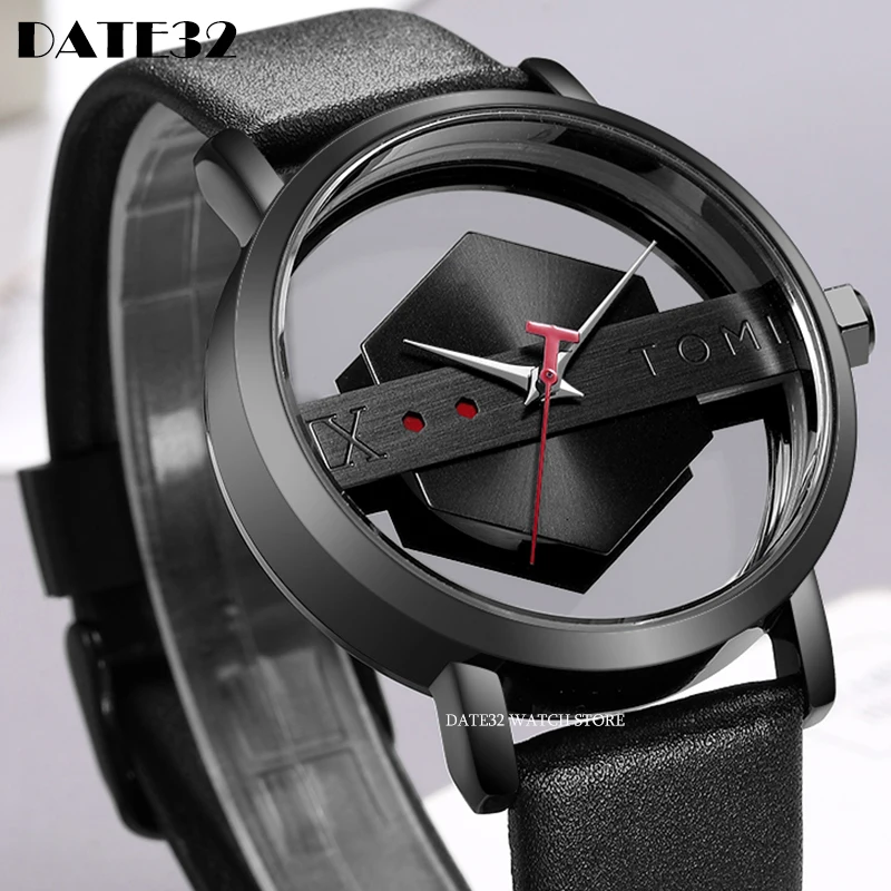 Concept Couple Watch Creative Half Transparent Unisex Watch For Men Women Lovers Leather Wristwatch Fashion Male Quartz Watches