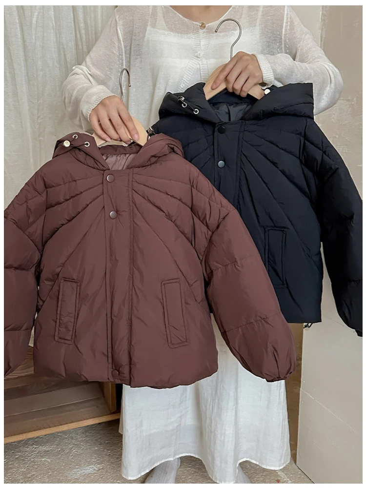 Boys Girls Down Jackets Winter Korean Style Simple Solid Color Zipper Hooded Coat 3-8 Years Old Children Warm Outerwear