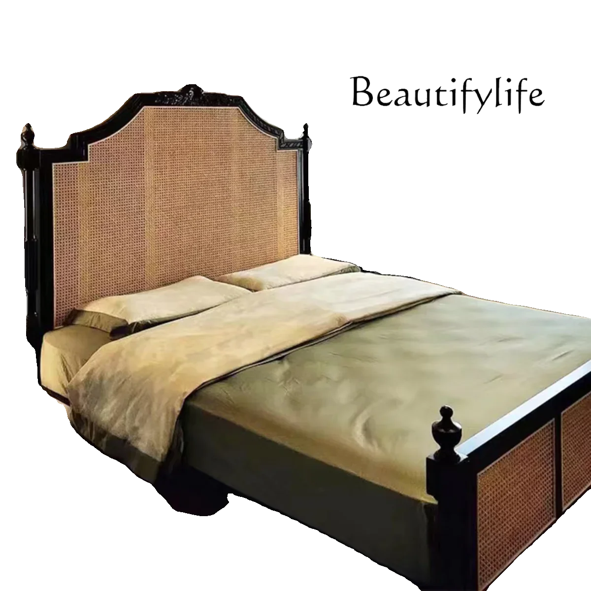 

French medieval rattan woven bed solid wood double bed retro style engraving designer style high sense