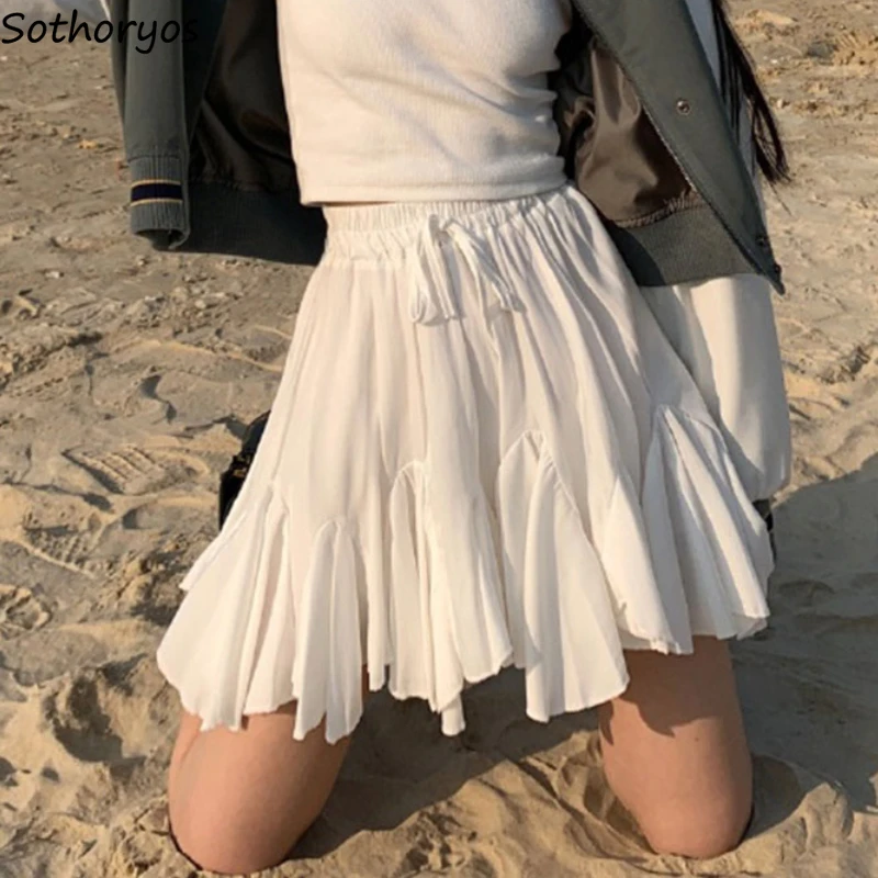 

Summer Mini Skirts Women Pleated Sweet Girls Ruffles Design Holiday Beach Style Tender Soft A-line Faldas Ulzzang All-match Chic