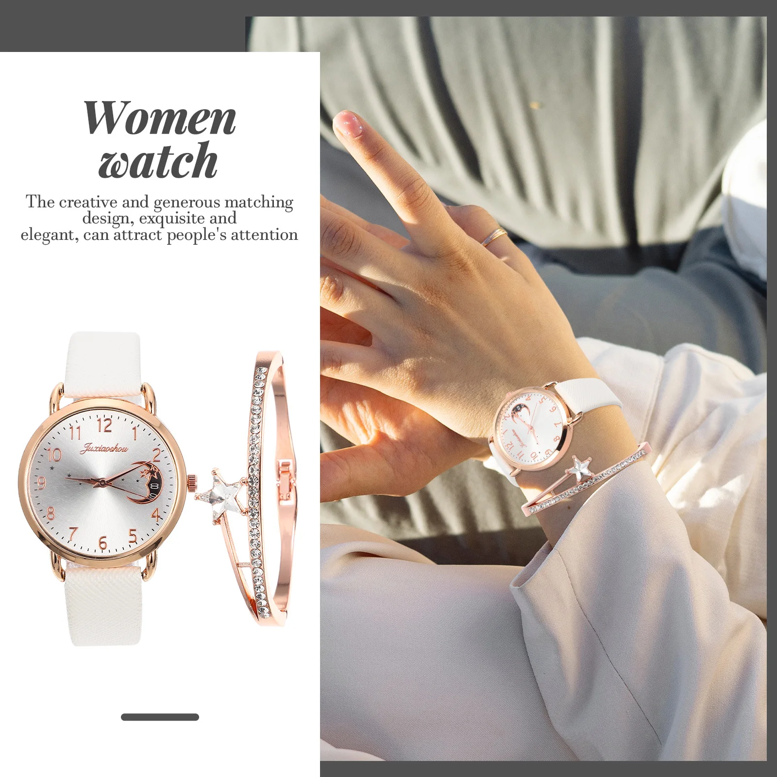 1 Juego de pulsera de reloj exquisito para mujer, diseño de estrella y Luna, regalos de fiesta informales elegantes, reloj para mujer, decoración de pulsera de Luna