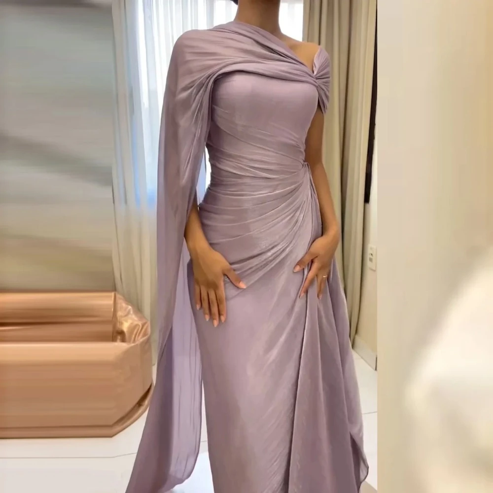 

Customized Shiny Satin Mermaid Evening Dresses One Shoulder Princess Prom Dress Cloak Pleats Backless High Quality Ball Gowns