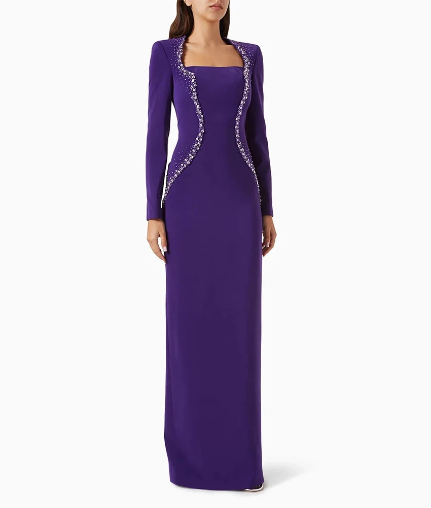 

MCDV Customized Formal Jersey Straight Sequined Crystal Evening Dress Temperament Square Neck Long Sleeves Celebrity Gowns