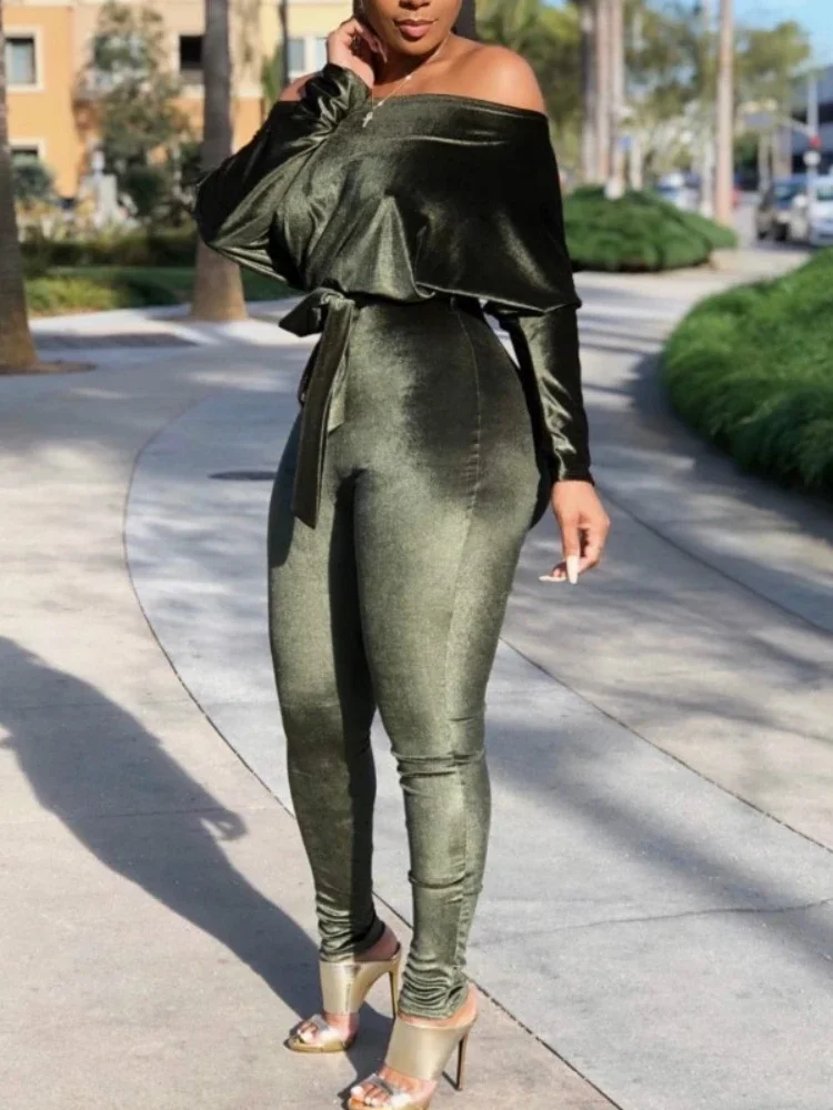 Women Sexy Stretch One Shoulder Velour Jumpsuits Long Bat Sleeve Solid Bodycon with belt  Autumn Fashion Jumpsuit Streetwear New