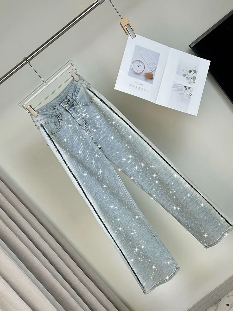 Women's Jeans High Waist Full Diamonds Rhinestone Long Straight Loose Lines Denim Pants 2024 Summer New Fashion