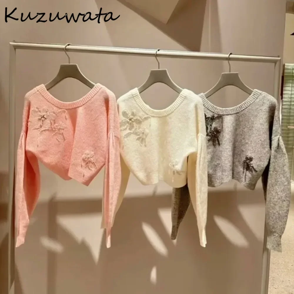 Kuzuwata Winter New Slash Neck Off Shoulder Sweaters Beading Flower Short French Style Pullover Japan Sweet Cute Exquisite Mujer