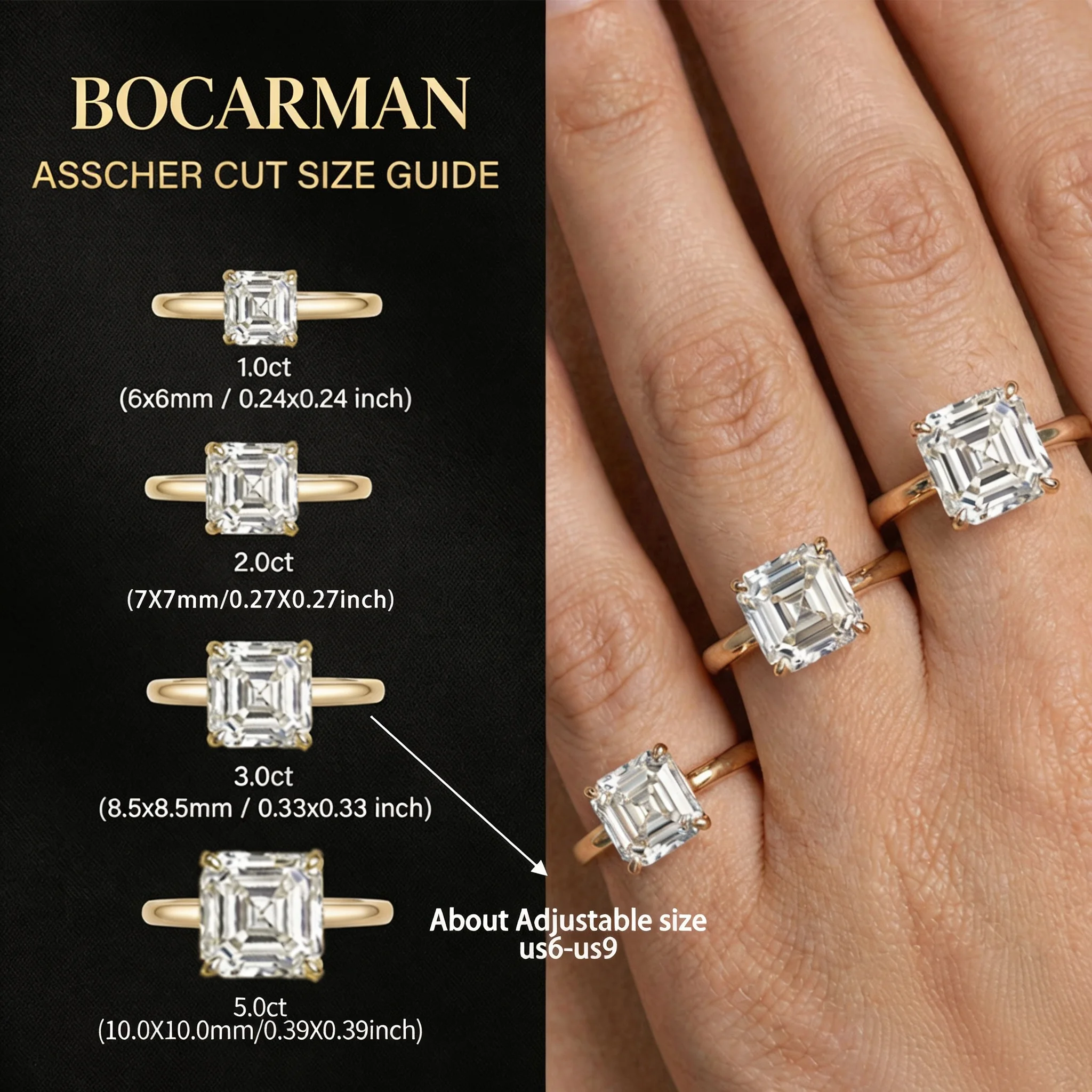 BOCARMAN Asscher Cut Moissanite Ring S925 Silver Fascinating Step Cut Band Charismatic Jewelry for Women