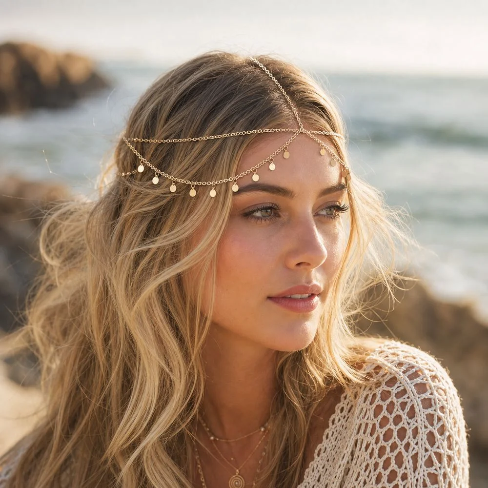 New Alloy Boho Tassel Head Chain Multilayer Lightweight Forehead Chain Disc Charms Forehead Hair Jewelry Bridal Hair Accessories