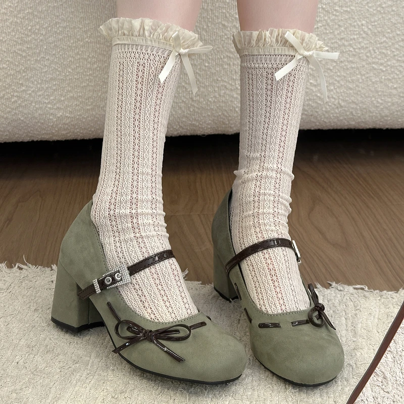 

Block Heel Single Fashion Round Toe Shallow Mouth Bow Suede Rhinestone Slip Slip Kitten Heel