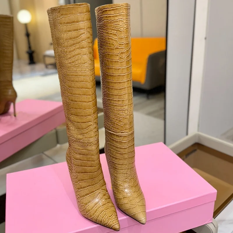 

Crocdile Leather Knee High Slouchy Boots Sexy Pointed Toe Thin Heel Accept Customized New Arrivals Fashion Women Modern Boots