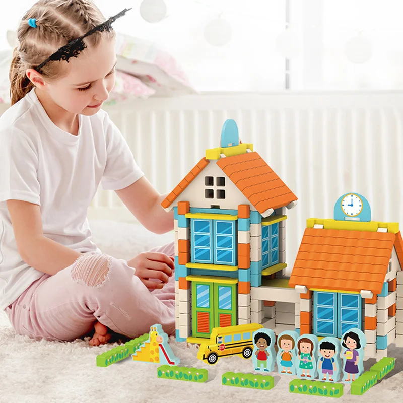 Zabawki z drewnianych klocków DIY Mały Architekt Zestaw do budowania małego domku Gra edukacyjna dla dzieci