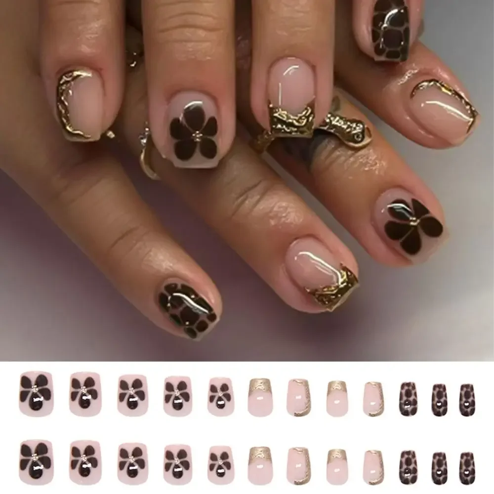 24 pçs novo curto bailarina unhas falsas francês metálico irregular flores unhas falsas destacável capa completa imprensa em unhas diy