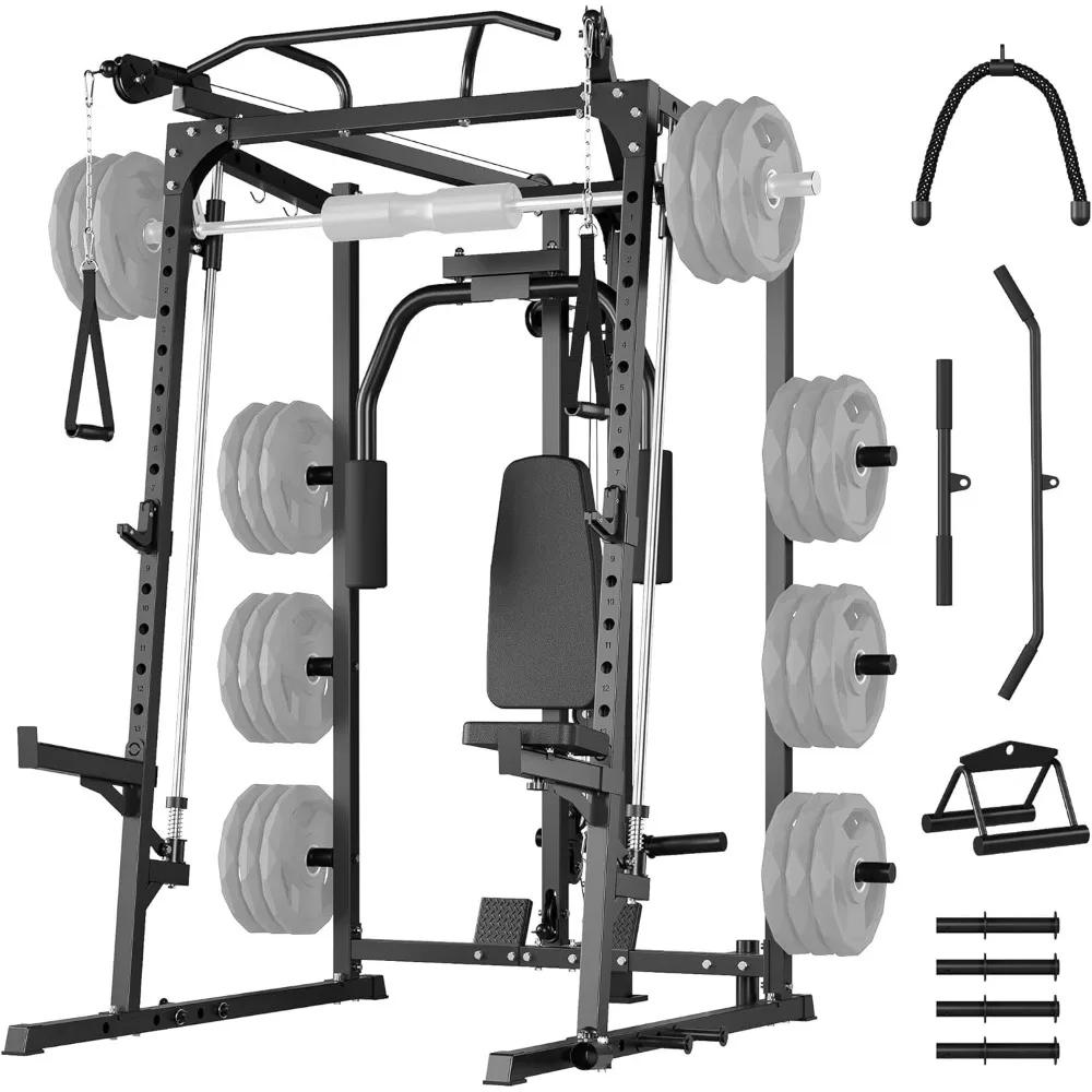 

Smith Machine, 2000 LBS Multifunctional Power Rack with Dual Pulley System, Squat Rack for Home Gym, Power Cage for Strength