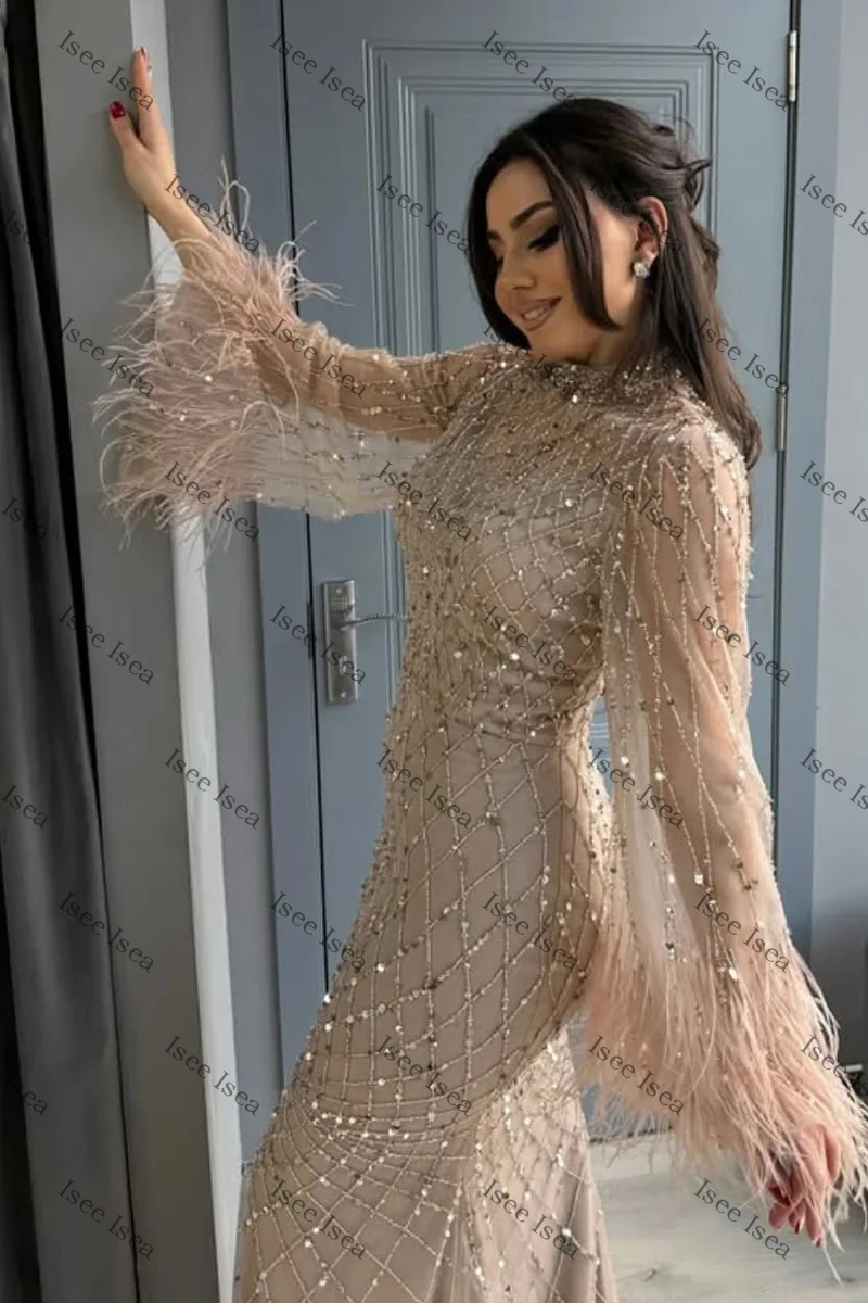 Robe de soirée vert sauge, manches longues, robe de Gala, style sirène, rose, romantique, paillettes, Maxi, col rond, robe de bal personnalisée