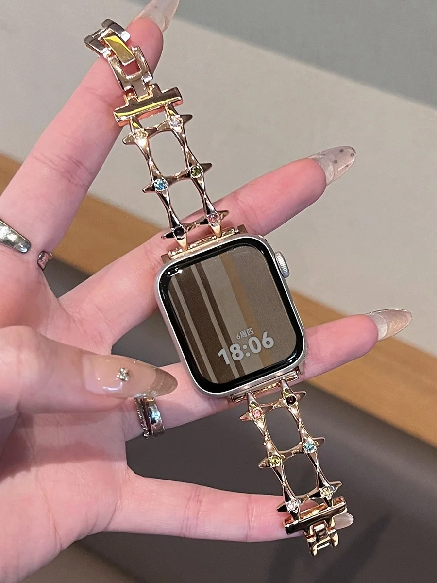 Metal Chain Strap For Apple Watch Band 44mm 49 45 42 38 41 40mm Luxury Glitter Star Bracelet For iWatch Series Ultra 9 8 7 6 5 4